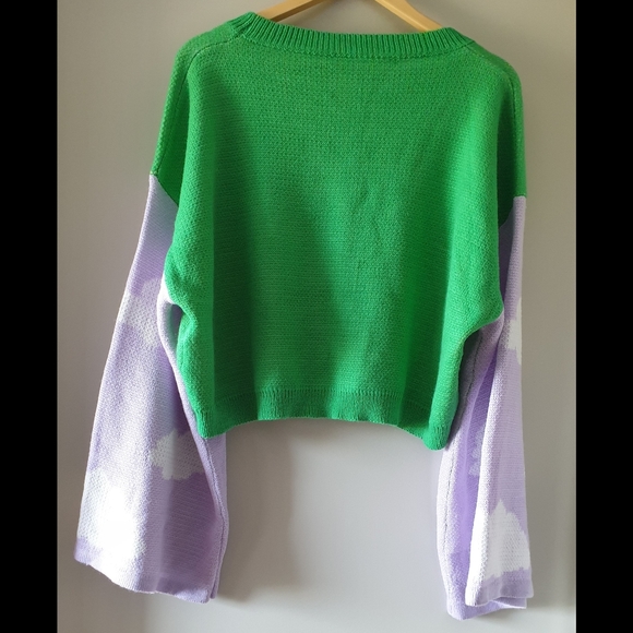 Shein Curve Women's Pastel Rainbow Cloud Rainbow Crop Knit Wide Sleeve Green 2XL - Picture 2 of 6